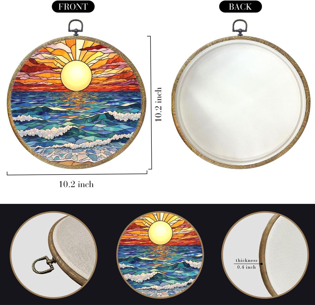 Colorful Boho Waves on The Beach Sunset Gifts for Sunset Lovers Framed Round Wall Decor Canvas Wall Art Hanging Prints Artwork for Home Nursery Bathroom Bedroom Living Room Decorations 10.2X10.2 Inch