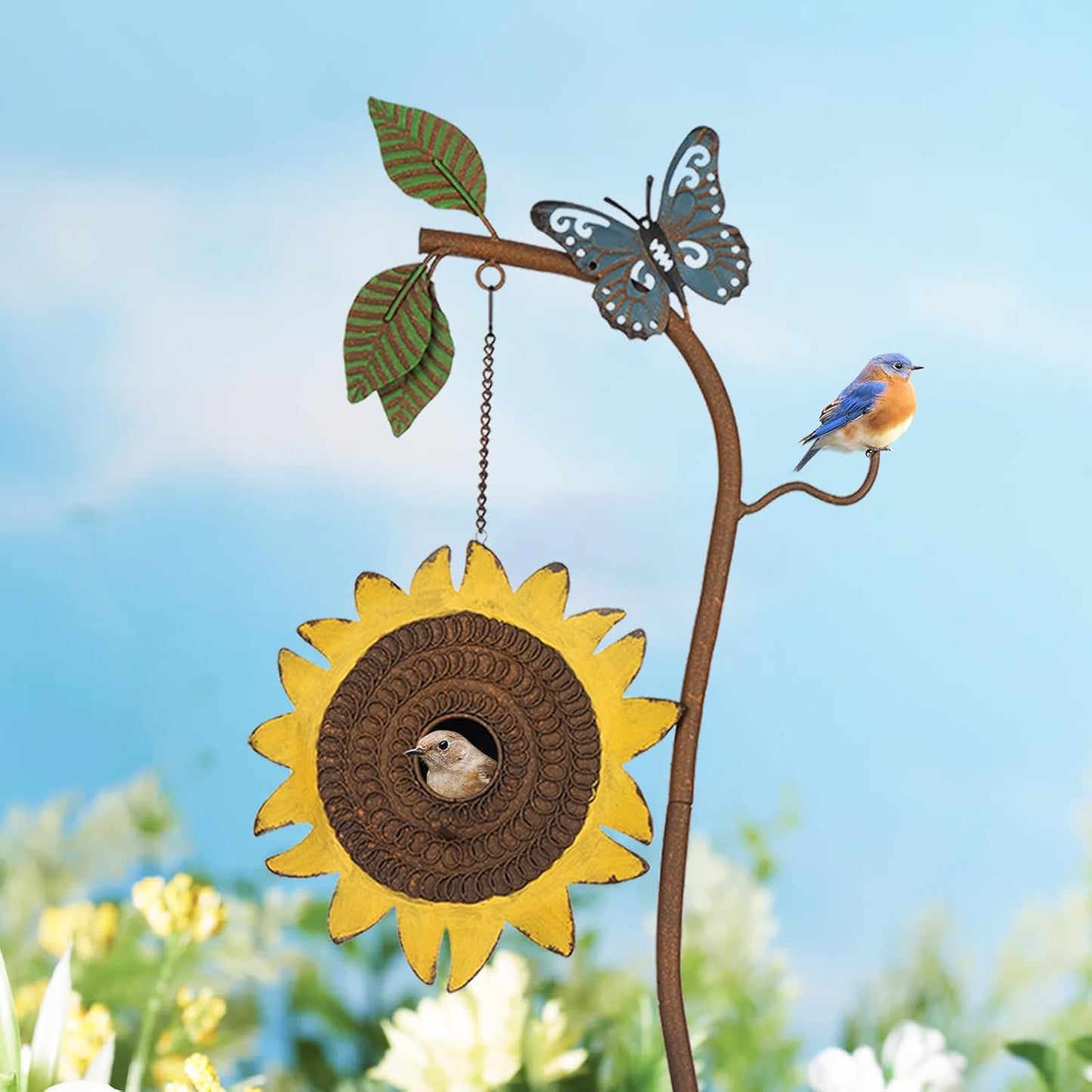 BAYN 57” Bird Houses Stake for Outside, Metal Wild Bird Feeder Birdhouse Stake Pole with Sunflower Design Outdoor Decorations for Patio, Backyard, Garden