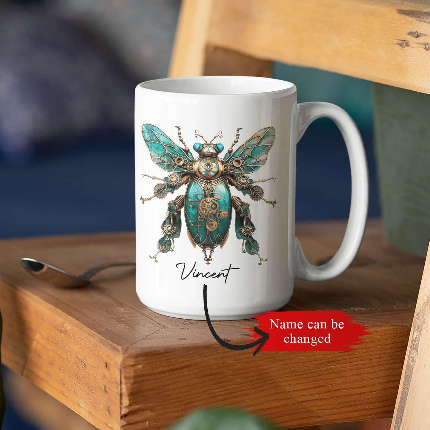 Unique Mechanical Insect Art Ceramic Cup, Personalized Steampunk Beetle Design Coffee Mug 11oz, Custom Name White Mug For Science Fiction Enthusiasts, Customized Insect Ceramic Mug