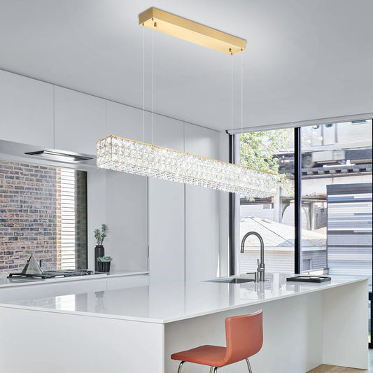 Rectangle Crystal Chandelier Modern Gold Crystal Chandelier Rectangular Pendant Lighting Fixture for Dining Room Kitchen Island Bedroom (L 40")