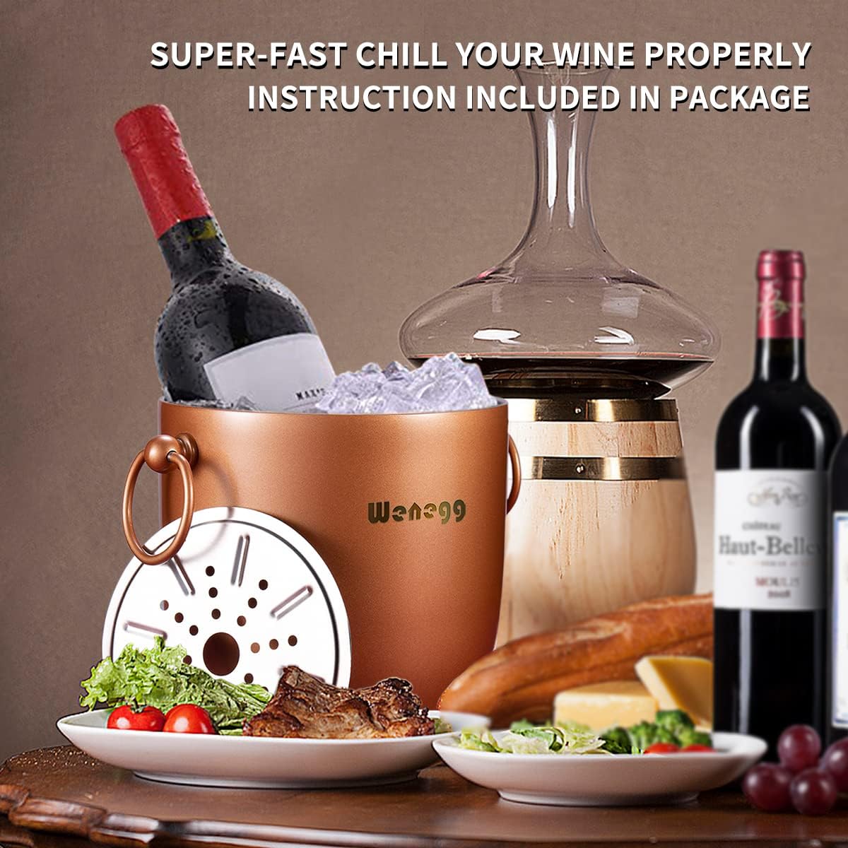 Ice Bucket with Lid, Scoop, Tongs and Strainer - Well Made Insulated Stainless Steel Keep Ice Frozen Longer - Ideal for Cocktail Bar, Parties, Chilling Wine, Champagne - 3 Liter (Copper)