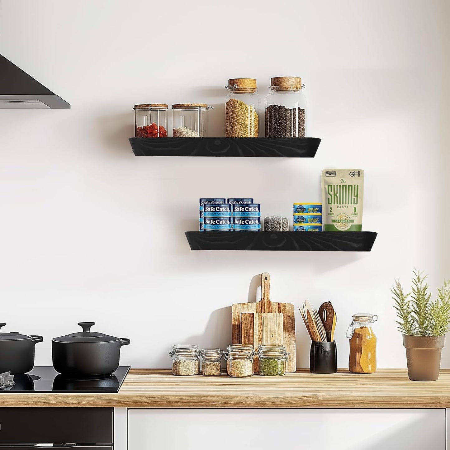 16"x6.8"x1.6" Slanted Floating Wall Shelves 2-Pack - Rustic Black Finish, Heavy-Duty Solid Wood Design with Hidden Brackets - Perfect for Living Room, Kitchen, Bathroom, or Office