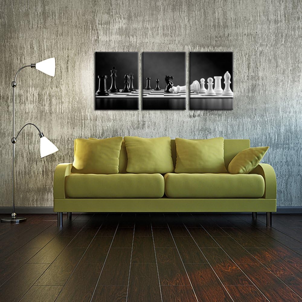 iKNOW FOTO 3 Panel Modern Black and White Chess Board Canvas Wall Art Poster Prints Checkmate Move on Chessboard Pictures Still Life Painting Framed Giclee Artwork for Office Decor 12x16inchx3pcs