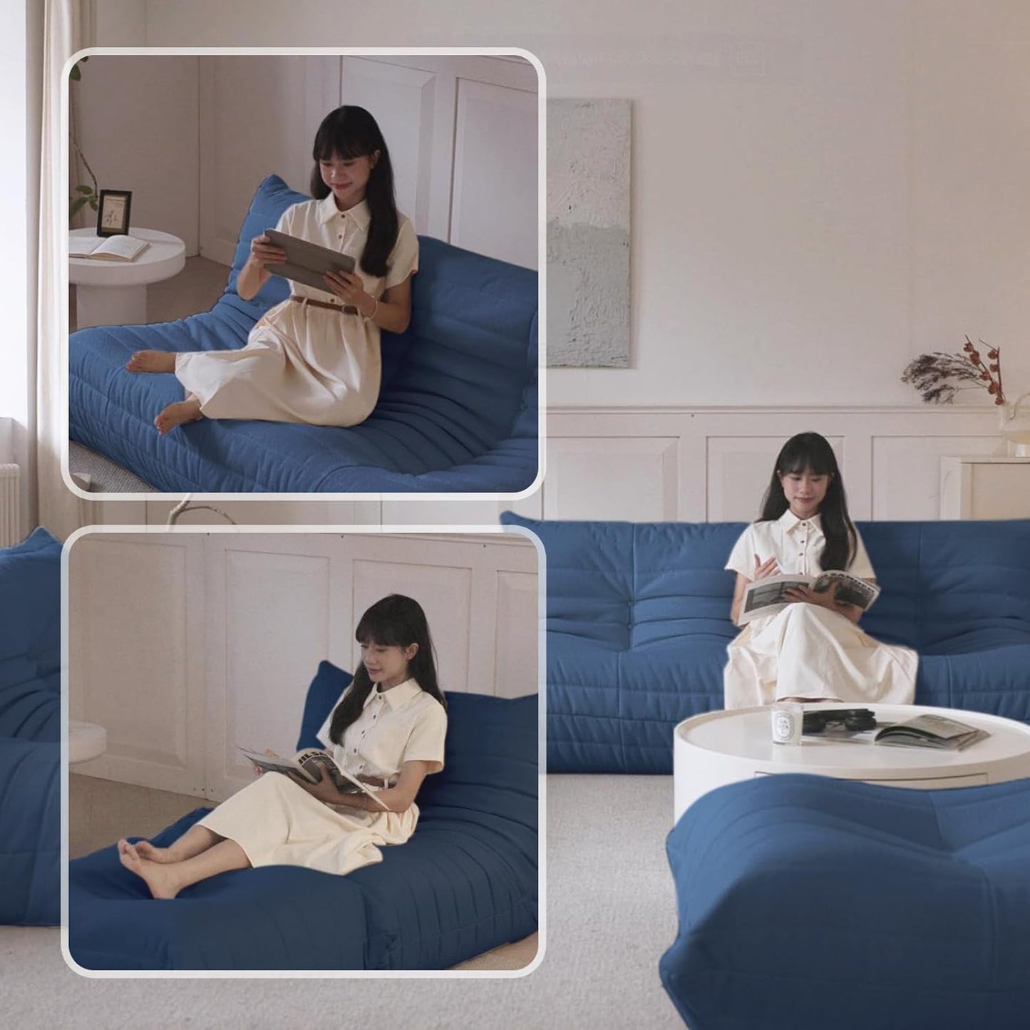 Luxury Sofa Couch Chair, Lazy Floor Seating, Fireside Bean Bag Chair, Ergonomic Tatami Sofa Lounger for Living Room, Bedroom, Office, 3 Seat, Blue