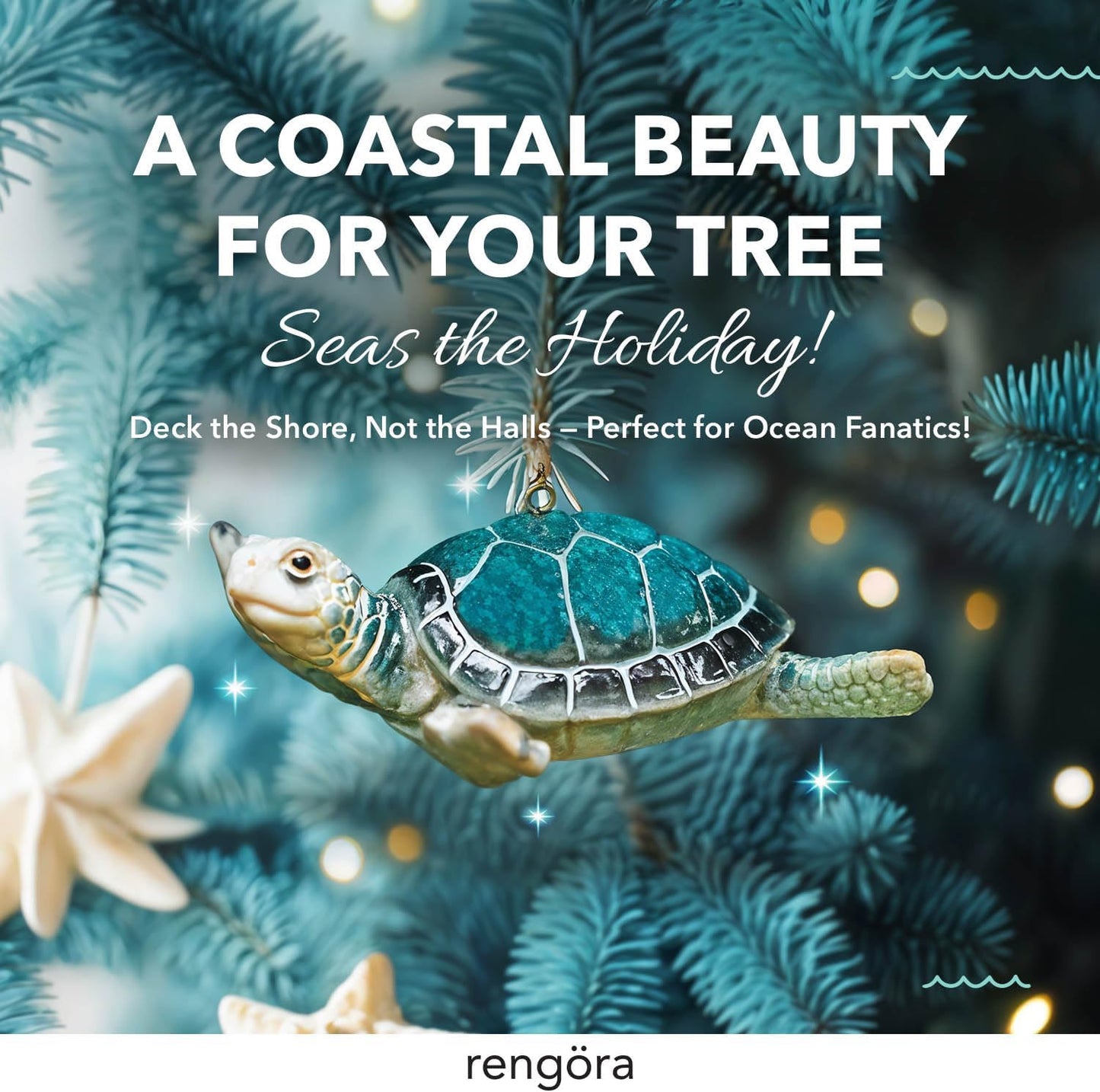 Hand-Painted Beach Christmas Ornament – Blue Sea Turtle Coastal Tree Decoration – Unique Nautical Christmas Ornament – Stocking Stuffer Gift for Ocean & Sea Life Lovers