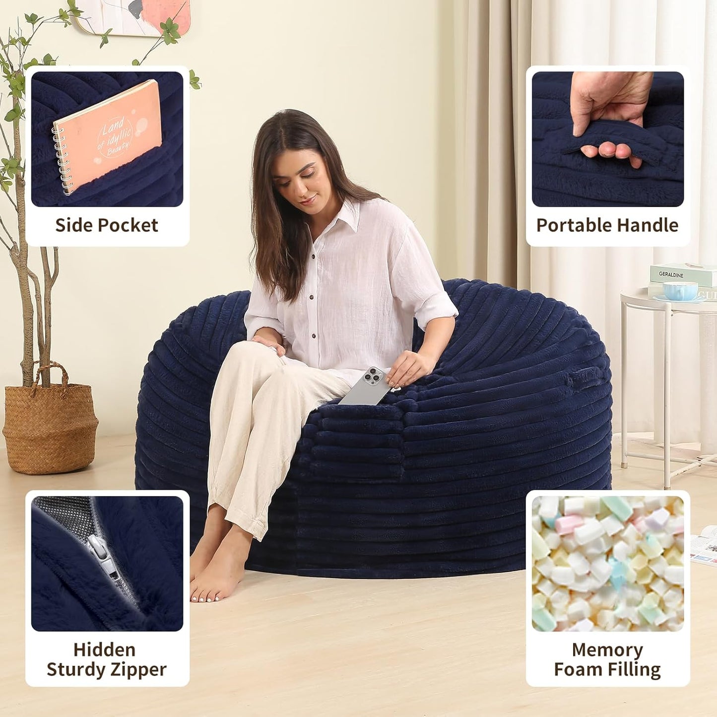 4FT Memory Foam Bean Bag Chair for Adults/Teens, Bean Bag Sofa with Fluffy Removable Cover, for Living Room Bedroom, Blue