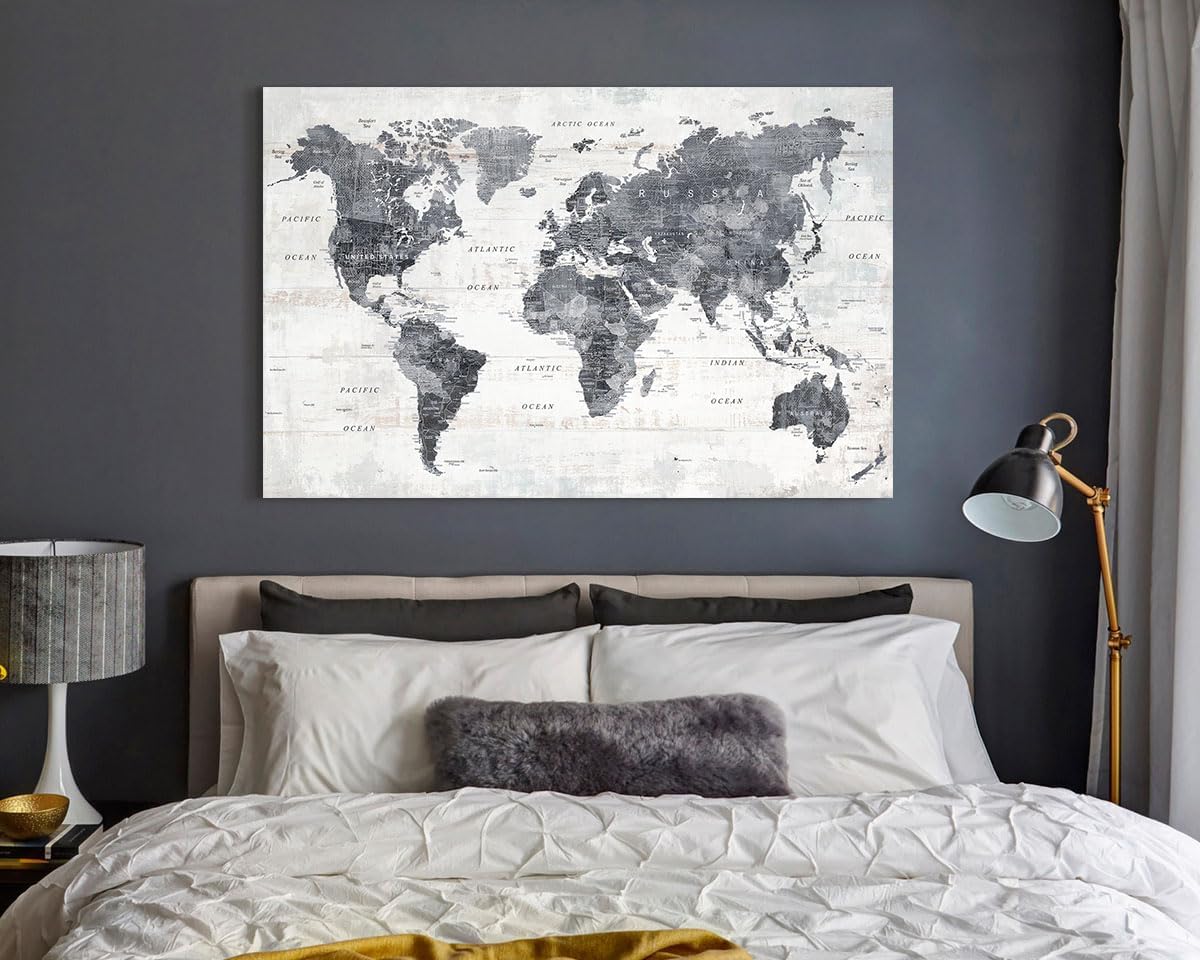 Wall Art for Living Room Home Office Frames Wall Decor Gray World Map Pictures for Bedroom Dining Room