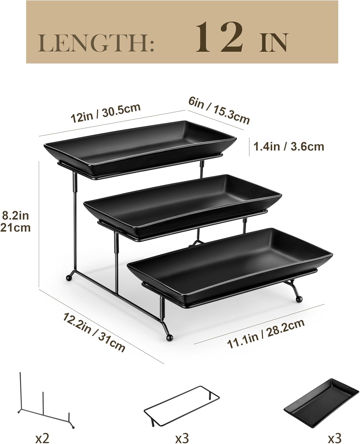 MALACASA 3 Tier Serving Trays for Party, Stoneware Serving Platters and Trays, 12 Inch Tiered Tray Stand, Fruit Tray, Trays for Serving Food, Black Dessert Stand with Collapsible Sturdier Metal Rack