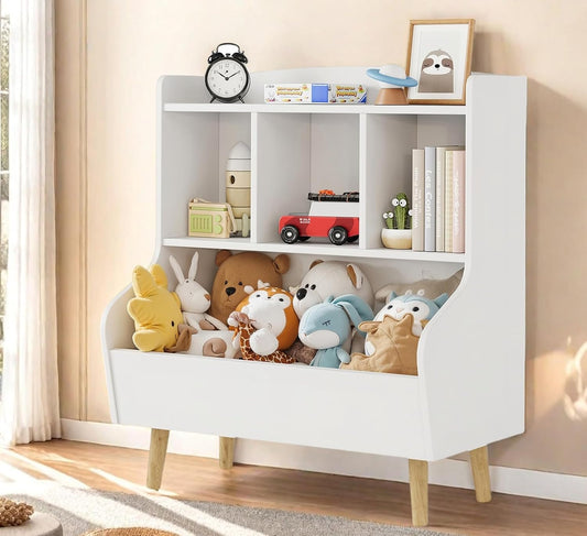 Kids Bookshelf and Toy Storage, 4-Cubby Toy Storage Organizer with Bookcase, Wood Kid Storage Cubby, 24"L x 14"D x 28"H Montessori Toy Shelf, Toddler Book Shelf for Kids Room Nursery Playroom