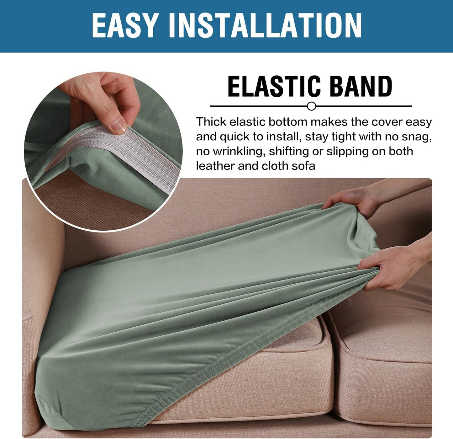 H.VERSAILTEX Velvet Stretch Couch Cushion Cover Plush Cushion Slipcover for Loveseat Cushion Furniture Protector Seat Cushion Sofa Cover (2 Piece Medium Sofa Cushion Covers, Sea Grass)