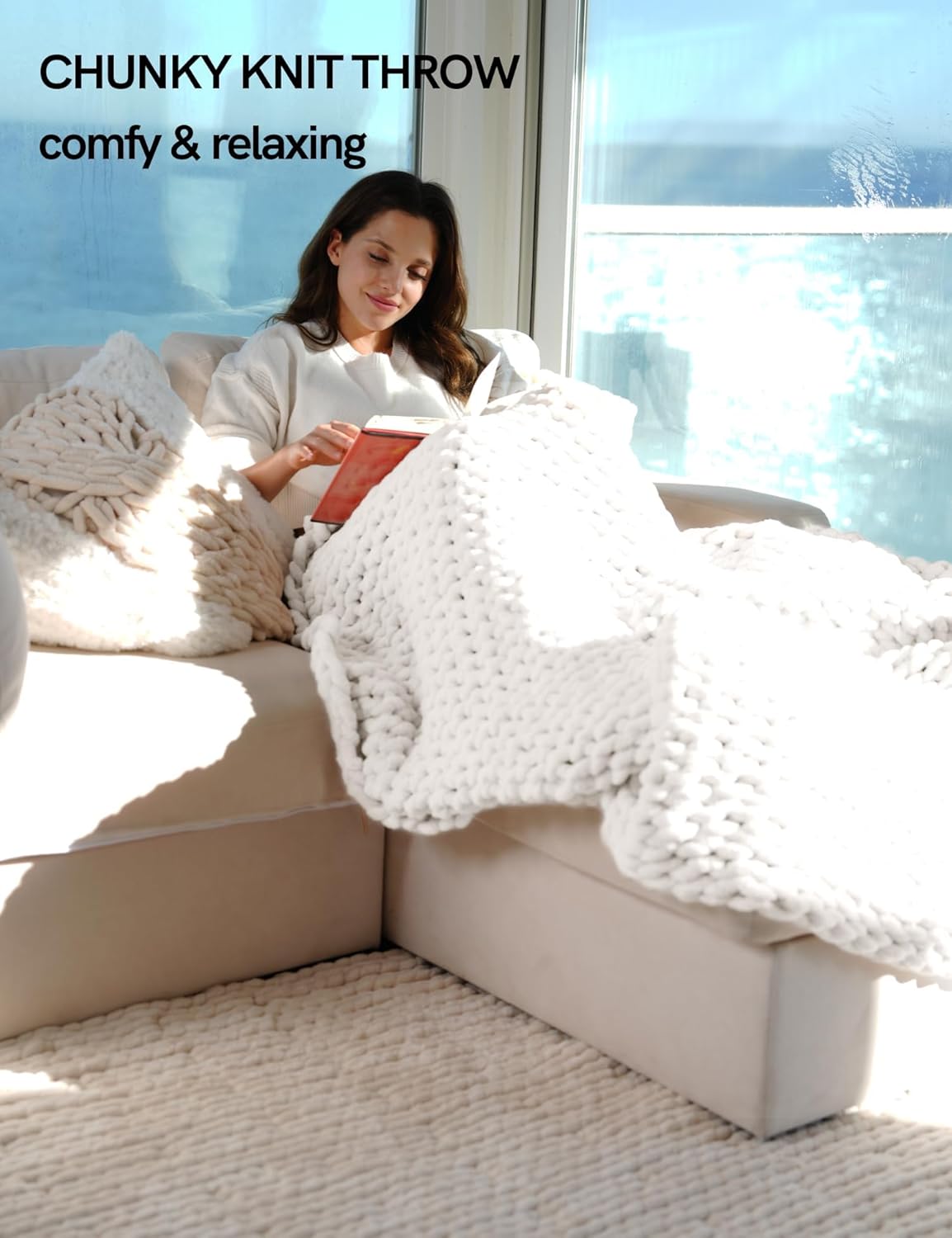 YnM Chunky Throw Blanket, Medium-Weight, Hand Knitted with Chenielle Yarn, Skin Friendly, Ventilated and Breathable, Machine Washable, Home Décor Piece for Couch, Sofa and Bed (White, 80x87 Inch)