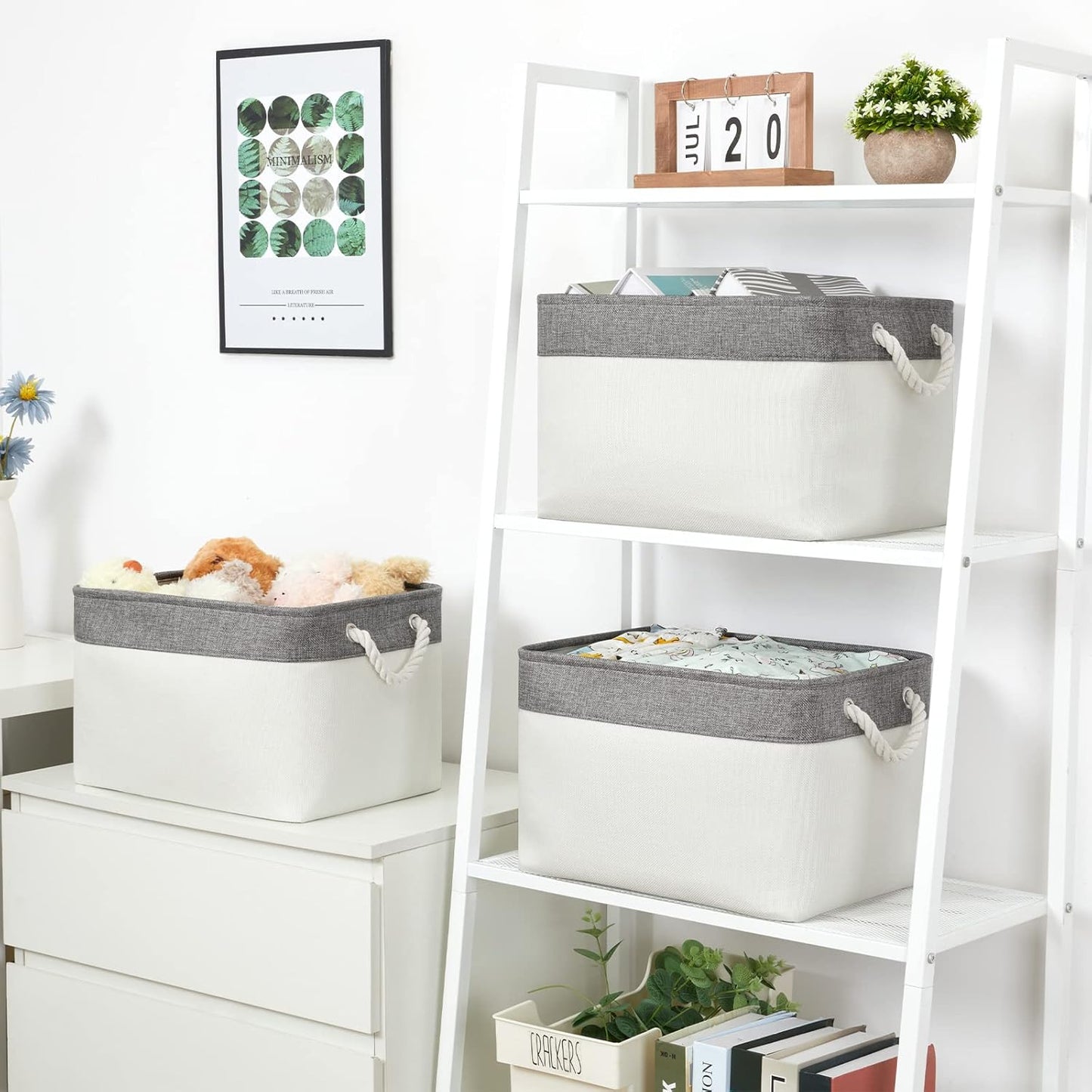 Bidtakay White Baskets with Cotton Rope Handles Decorative Storage Bins [3-pack] Fabric Bins for Organization Linen Closet Shelf Storage Baskets for Clothes Toys Towels 15 X 11 X 9.5 Inches