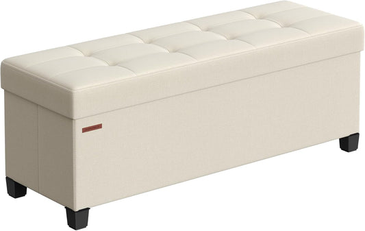 SONGMICS Storage Ottoman Bench, Foldable Foot Rest with Legs, 15 x 43 x 15.7 Inches, End of Bed Bench, Storage Chest, Load up to 660 lb, for Living Room, Bedroom, Entryway, Cream White ULSF018W01