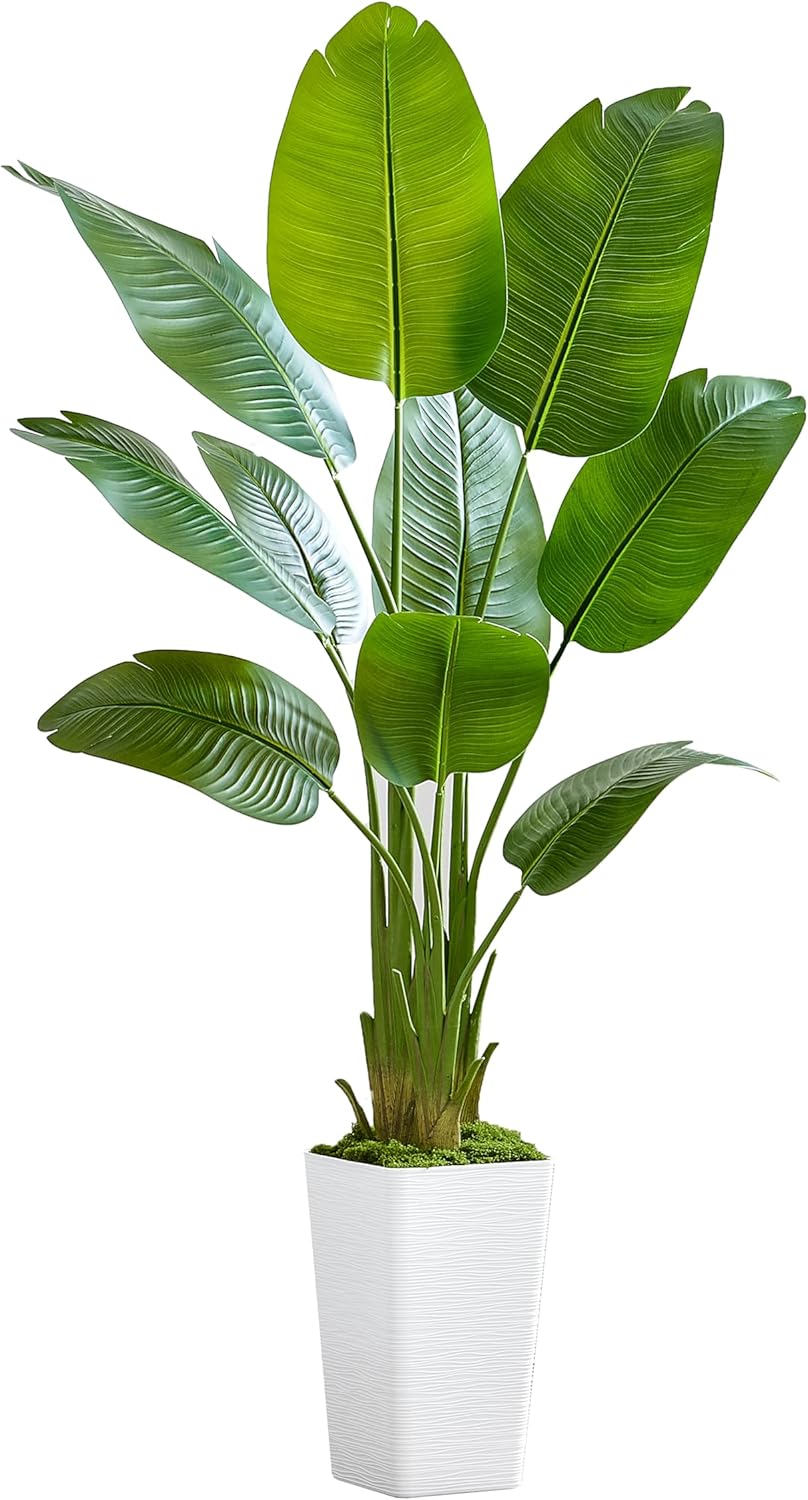 Lifelike Bird of Paradise Silk Artificial Plant Faux Banana Leaf Tree for Home Decor - Perfect Indoor Floor Plant with 9 Trunks (1, White Tall Planter, 5 FT)