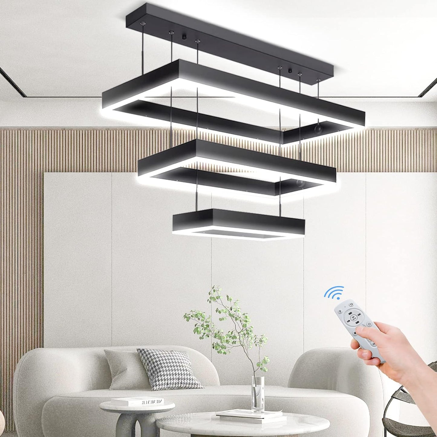 Modern 3 Rings Rectangle Chandelier for Living Room - Adjustable Height Luxury Foyer Lighting Fixture for High Ceiling, Hanging Dining Room LED Pendant Light