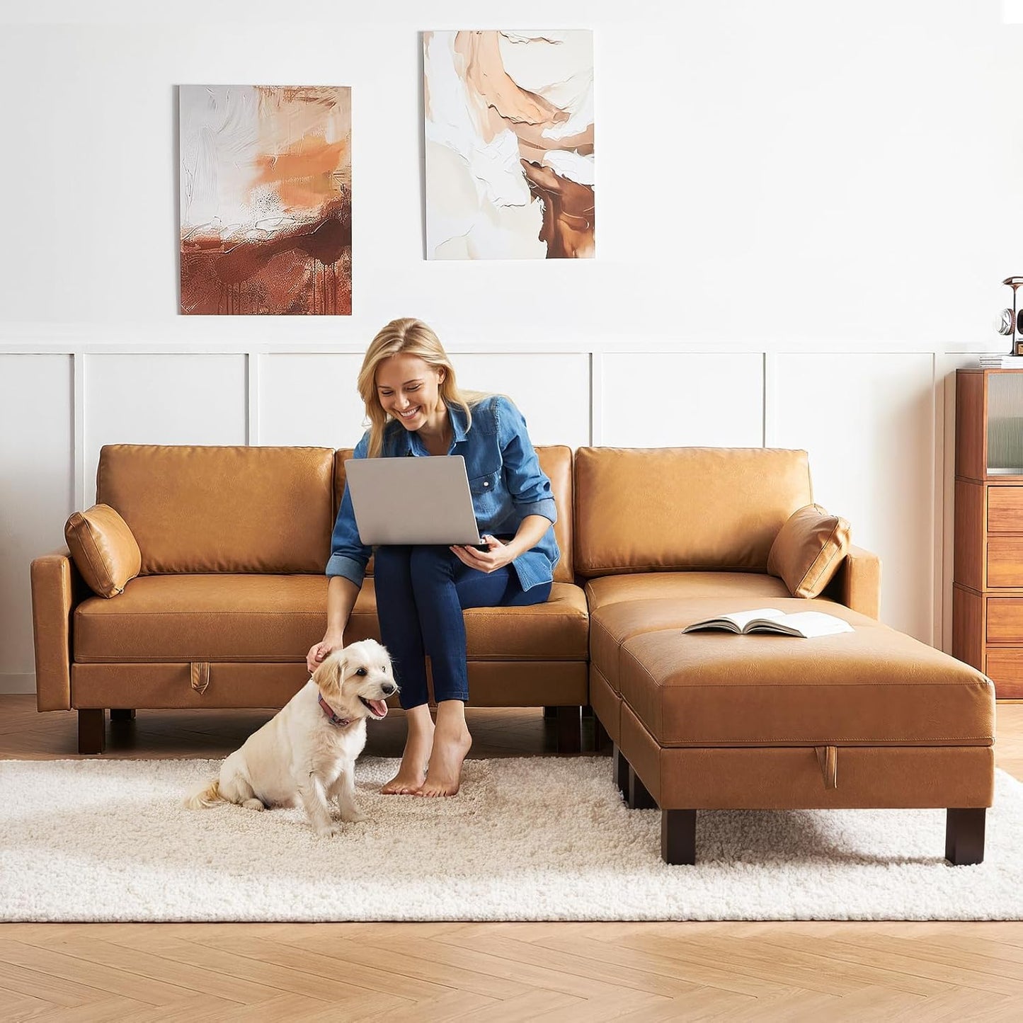 5 Seater Faux Leather Sofa Couch, 98'' L Shape Sectional Couch, Mid Century Modern Decor, Office Sectional Sofa Bed, for House, Apartment, Living Room, Tan