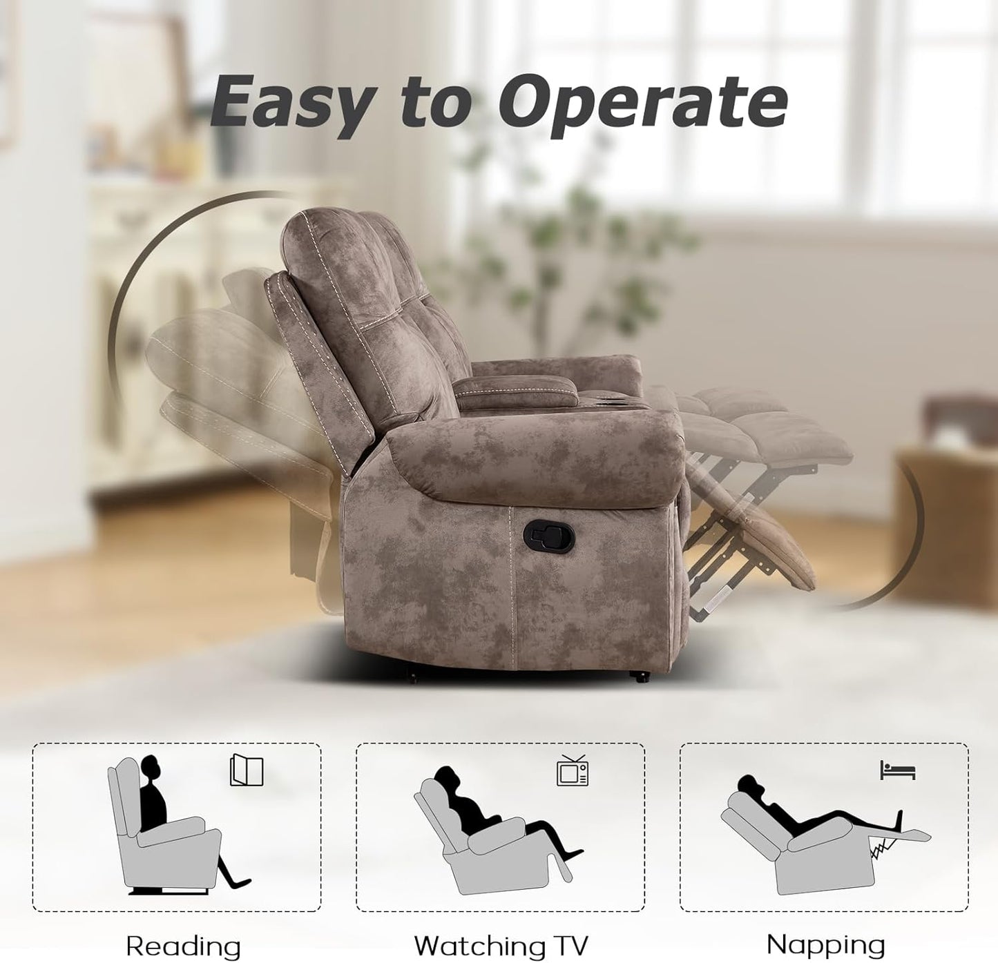 EBELLO Manual Recliner 3 Seat Sofa Couch, Soft Fabric 3 Seater Reclining Couch Chair, Vintage Rivet Mid-Century Design Furniture for Living Room, Meeting Room, Brown