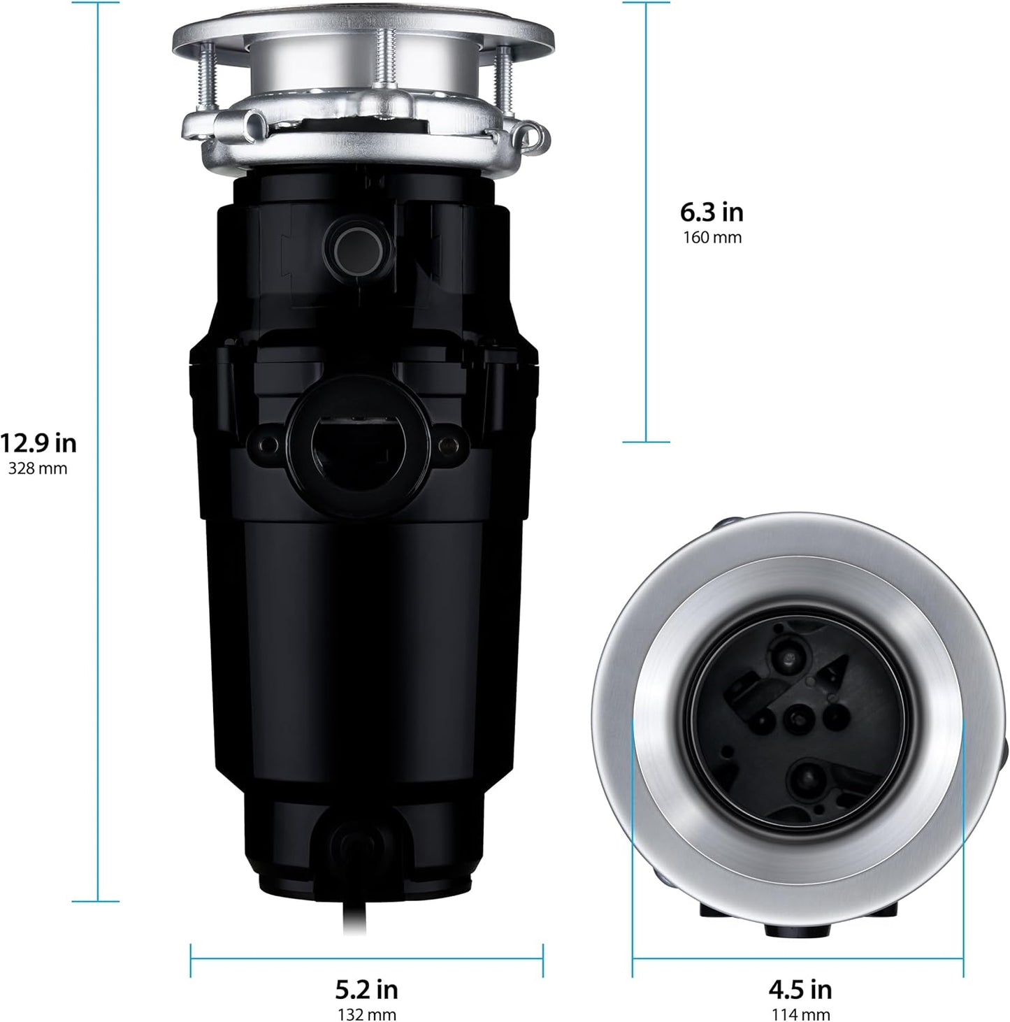 Waste Maid 10-US-WM-158-3B Garbage Disposal Anti-Jam Stainless Steel Food Waste Grinding System, 1/2 HP Standard, Black