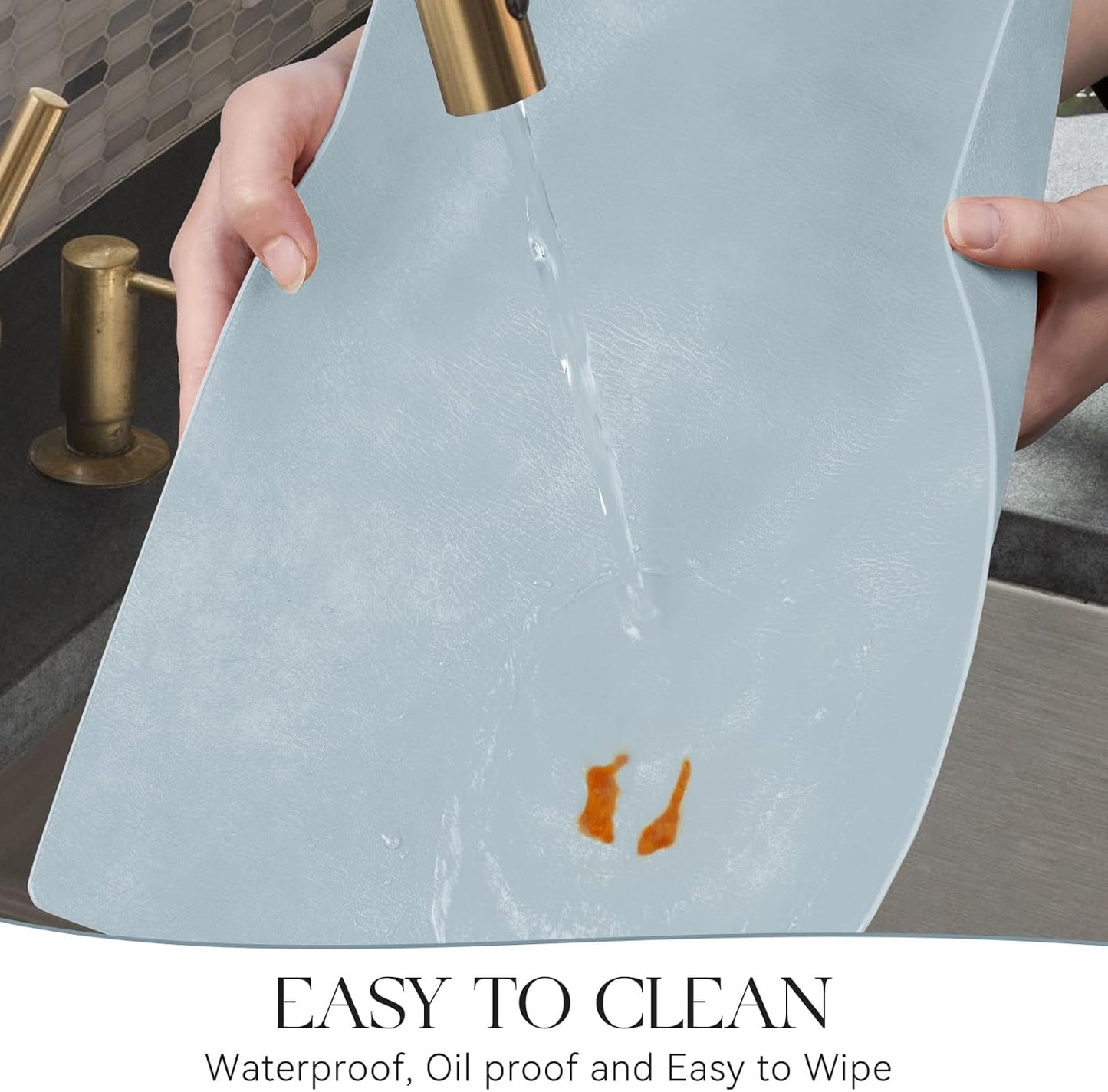 MOSAYT Vinyl Placemats Set of 12-12 X 17 Inch - Faux Leather 100% Waterproof Oil-Proof Wipeable PU Place Mats, Heat Resistant Reversible Table Mats for Kitchen, Dining, Outdoor (Light Grayish Blue)