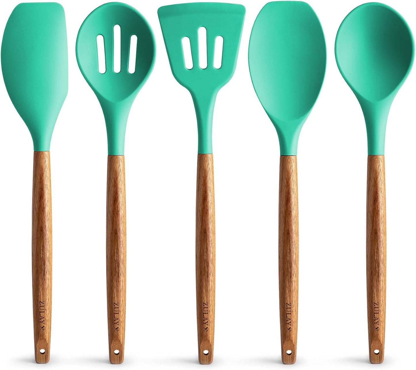 Zulay Kitchen Non-Stick Cooking Utensils Set with Authentic Acacia Wood Handles – 5-Piece Durable & Stylish Silicone Kitchen Utensils Set – Heat Resistant to 464°F – Mint