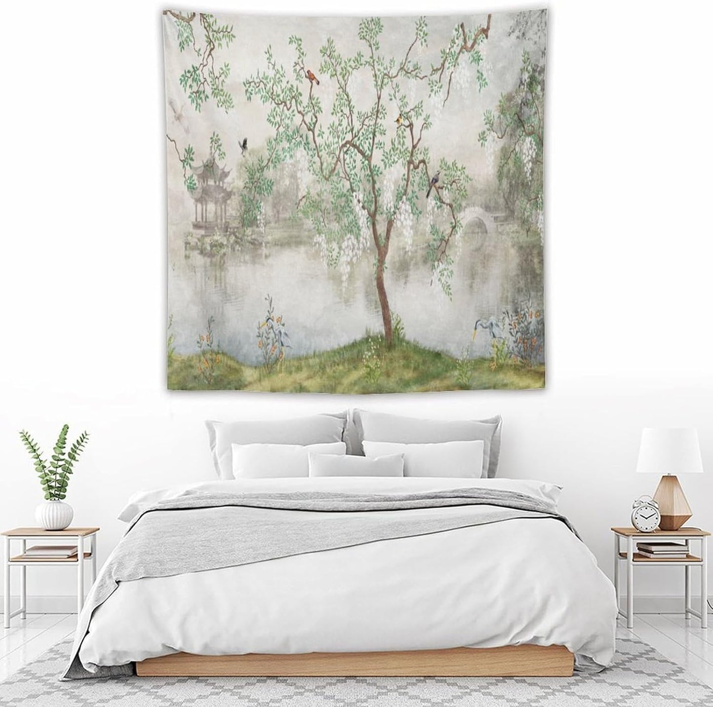 HZOHNAGO Japanese Tapestry Tree Misty Garden Lake Printed Wall Tapestry Ink Painting Wall Hanging for Bedroom Living Room Dorm 60" W x 60" H