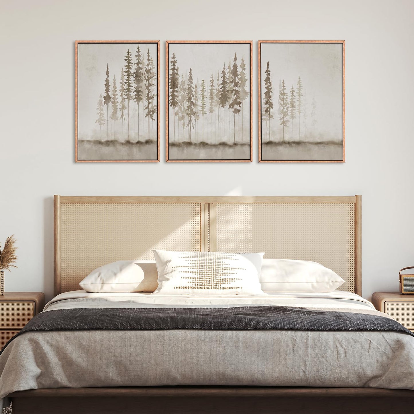 HPNIUB Large Misty Forest Framed Canvas Art Print Set, Modern Foggy Pine Tree Wall Decor, Pastel Nature Landscape, Abstract Foggy Forest Plant Art for Living Room, Bedroom, Office - 16" x 24" x 3