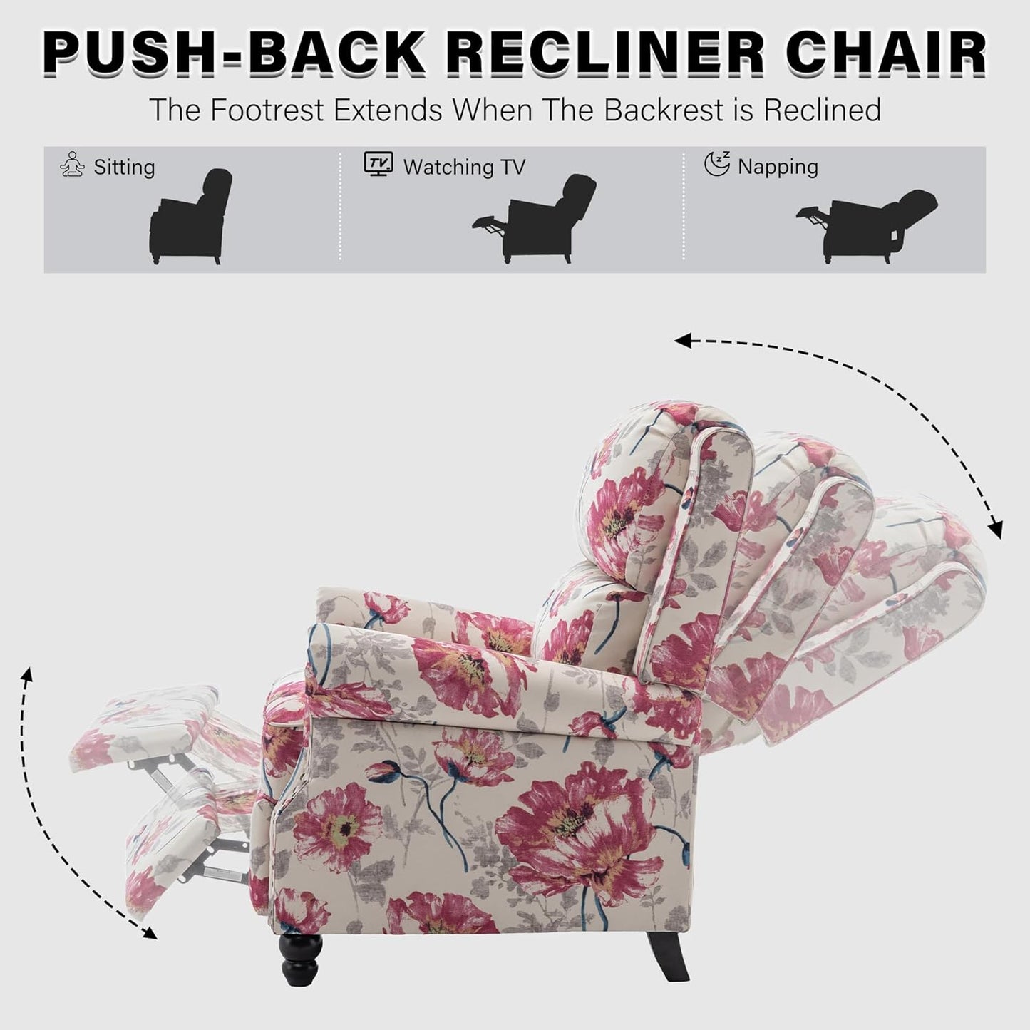 UIXE Pushback Recliner Chairs Set of 2, Fabric Armchair Push Back Accent Chair, Rivet Trim Club Chair Home Theater Overstuffed Single Sofa Reading Seat for Living Room, Pattern