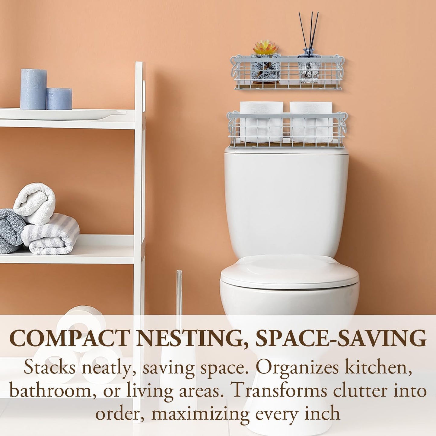 MyGift 13 and 12 Inch Nesting Storage Baskets with Handles, Wall Mounted or Tabletop White Metal Wire and Premium Acacia Wood Decorative Shelf Organizer Bins, 2 Piece Set