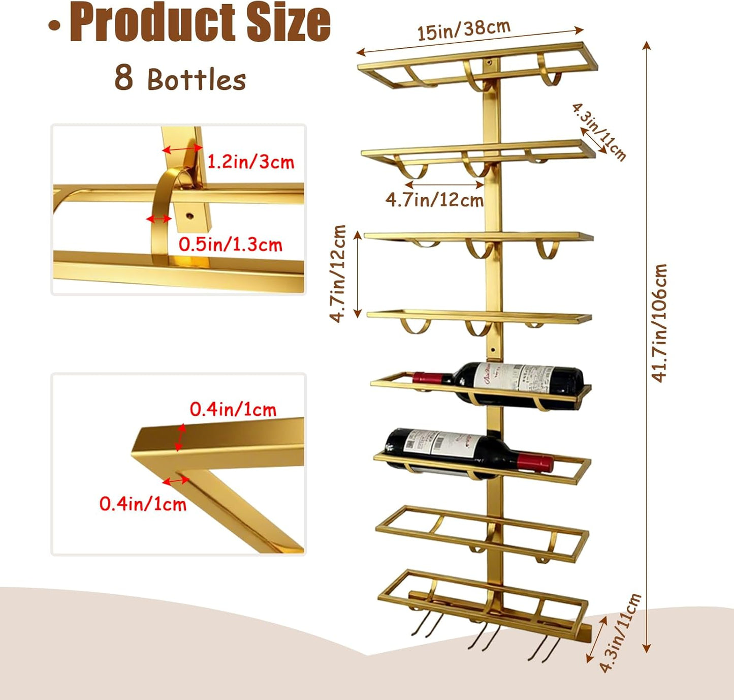 8 Bottle Wall Mount Wine Rack with Wine Glass Holder, Metal Wine Wall Rack, Wall Racks for Wine Bottles Display and Storage, Hanging Bottle Organizer for Living Dining Room Wine Cellar Bar (Gold)