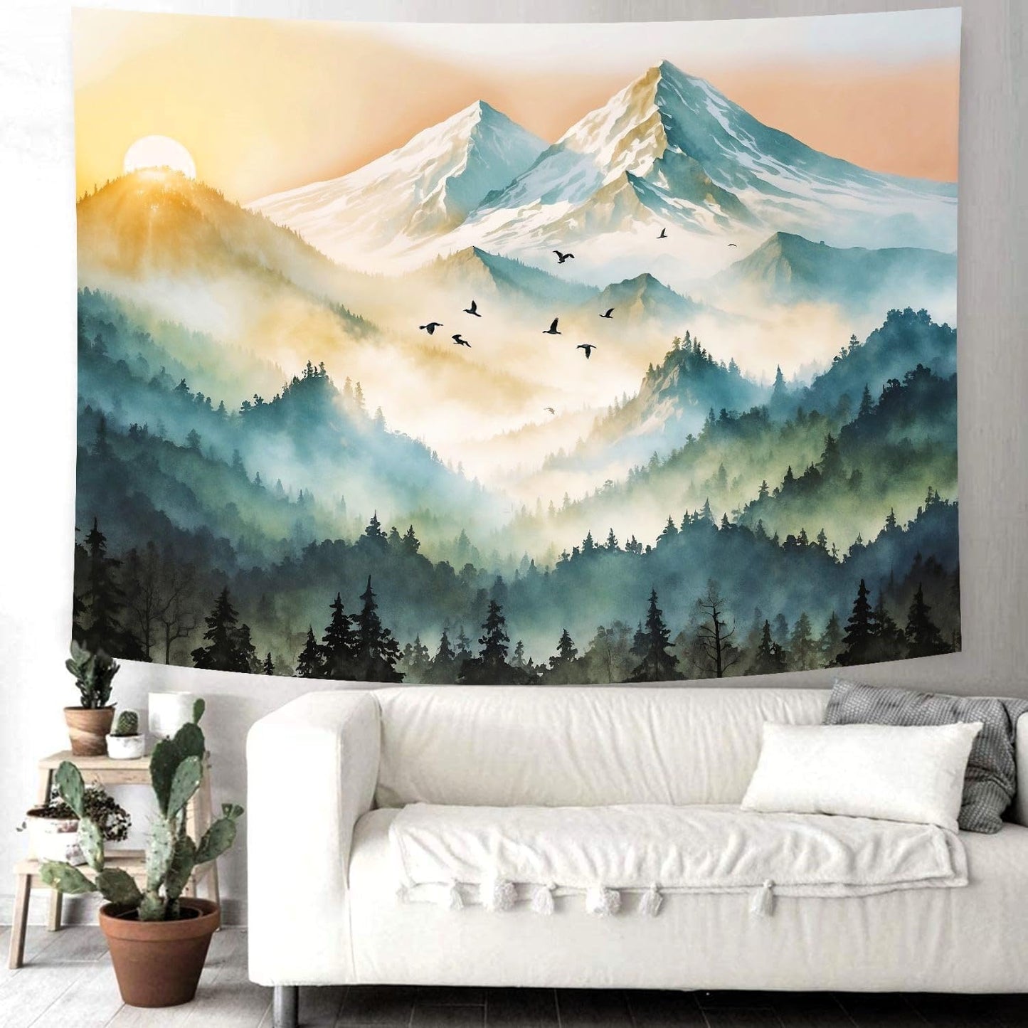 Delur Mountain Tapestry Boho Misty Sunset Forest Tree Tapestry Wall Hanging Sunrise Nature Landscape Psychedelic Headboard for Bedroom Living Room Home Decor (51.2" x 59.1")