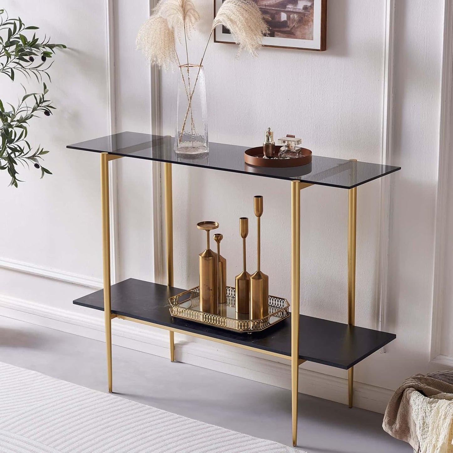 Glass Console Table for Living Room, Foyer & Entrance, 2-Tiers Mid-Century Modern Sofa Table with Grey Glass Top, Black Marble Finish Wood Shelf and Gold Finish Frame
