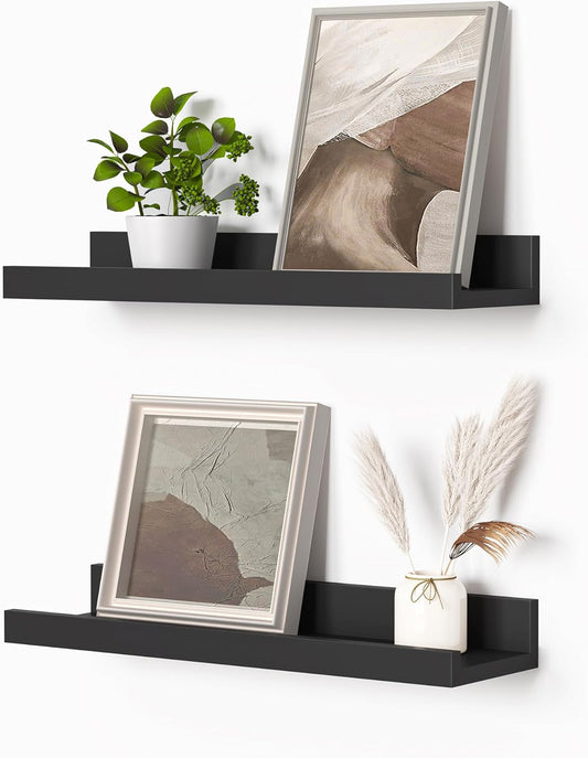 Heimlove Picture Ledge Shelf, Small Floating Shelves Set of 2, 16 Inches Picture Shelf for Wall with Ledge, Kids Bookshelf Wall Mounted for Living Room Bedroom Decor Books Photo Frames, Black