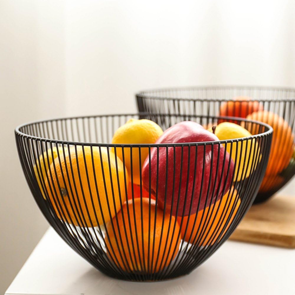 Metal Wire Fruit Basket, Black Fruit Vegetable Bowl for Kitchen Counter, Round Produce Storage Basket for Veggie Snack (Round A)