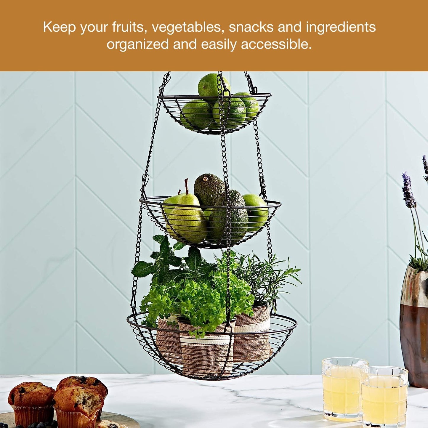 REGAL TRUNK & CO. 3 Tier Hanging Fruit Basket, Farmhouse Wire Basket, Three Tier Fruit Basket for Kitchen for Vegetables, Bread & More, Metal Chain, Hanging Hook and Detachable Round Wire Baskets