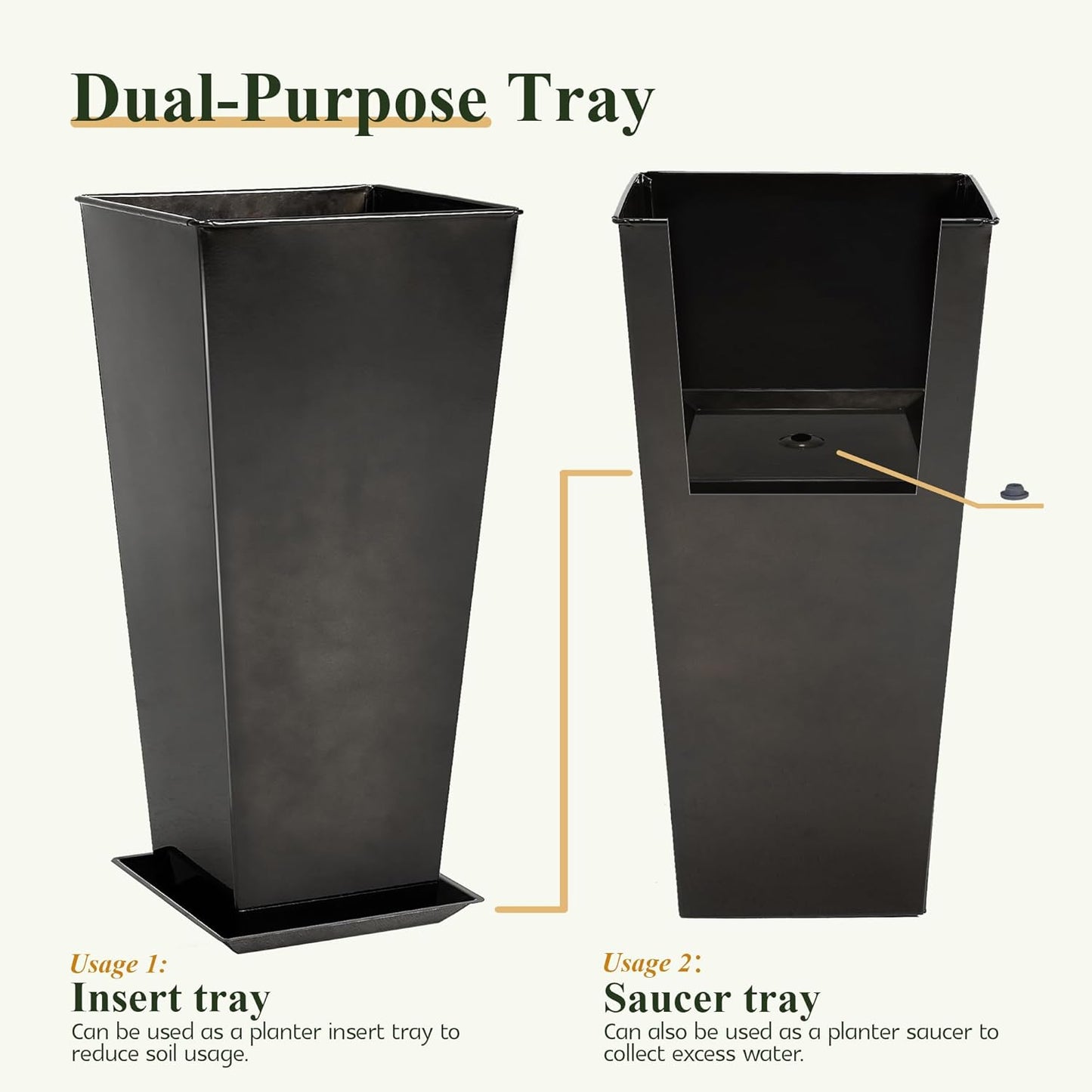 WORTH Garden Large Metal Glazed Planter Set of 2 (25" + 28"), Luxurious Glossy Finish Black Tall Square Tapered Steel Plant Pot, Decor Flower Pot Indoor & Outdoor, Drainage Hole & Dual-Purpose Saucer