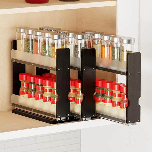SpaceAid Bamboo Pull Out Spice Rack Organizer for Cabinet, Heavy Duty Slide Out Seasoning Kitchen Pantry Sliding Vertical Organization, 7.6" Wide, 3 Drawers(2" Wide), 2-Tier, Black