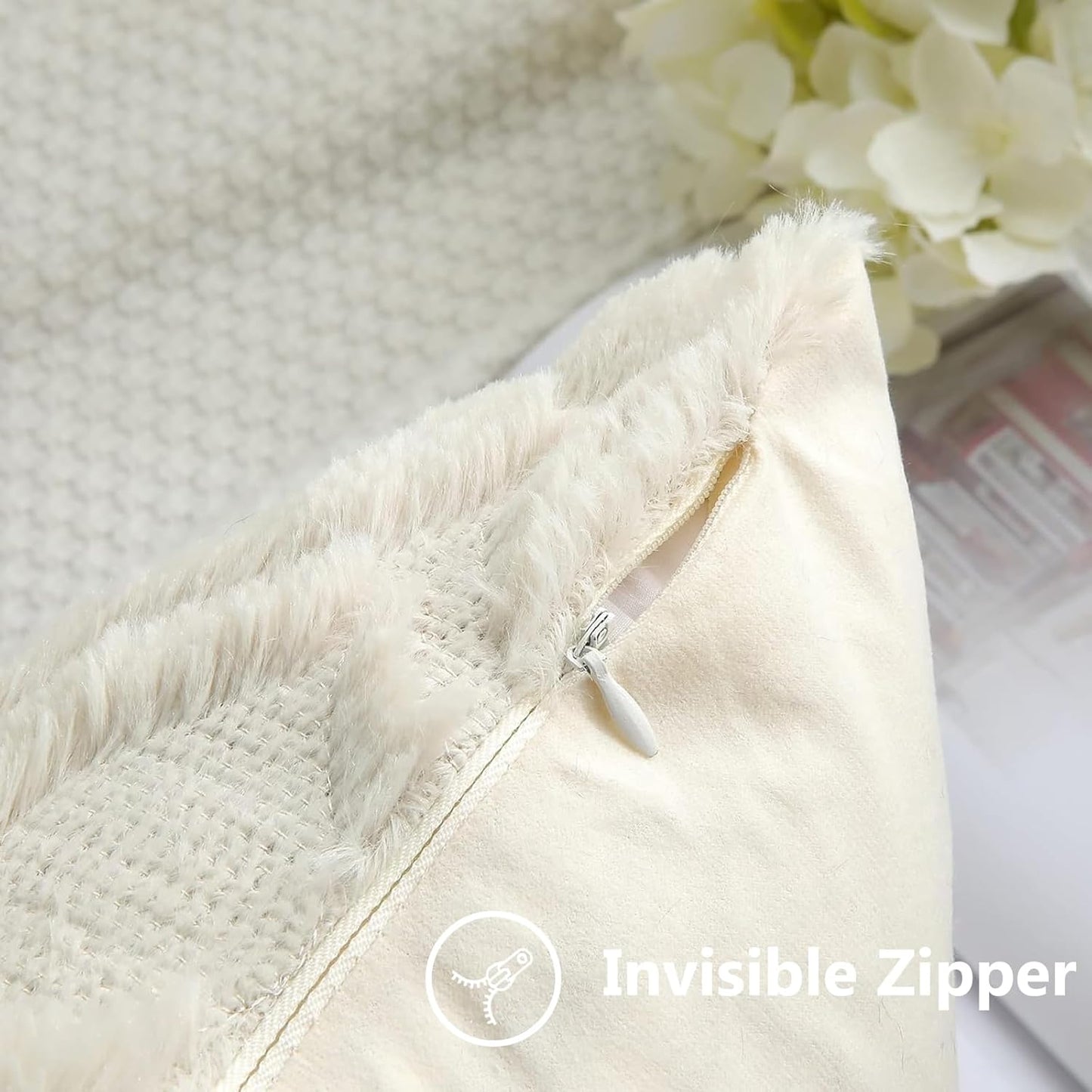 decorUhome Fall Throw Pillow Covers 24x24 Inch Set of 2, Soft Plush Decorative Faux Fur Beige Solid Couch Pillow Covers, Accent Farmhouse Neutral Square Euro Pillow Cases for Sofa Bed Living Room