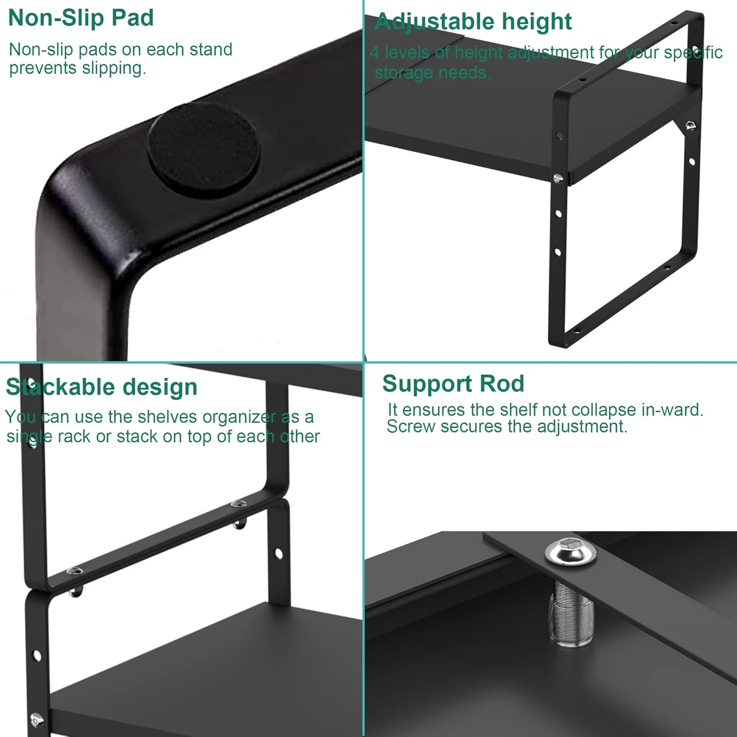 iPEGTOP Expandable Cabinet Storage Shelf Organizer Rack, Heavy Duty Cupboard Stand Spice Rack Adjustable Height Pantry Garage Shelf Space Riser for Counter Kitchen Organization, Black, 1 Pack