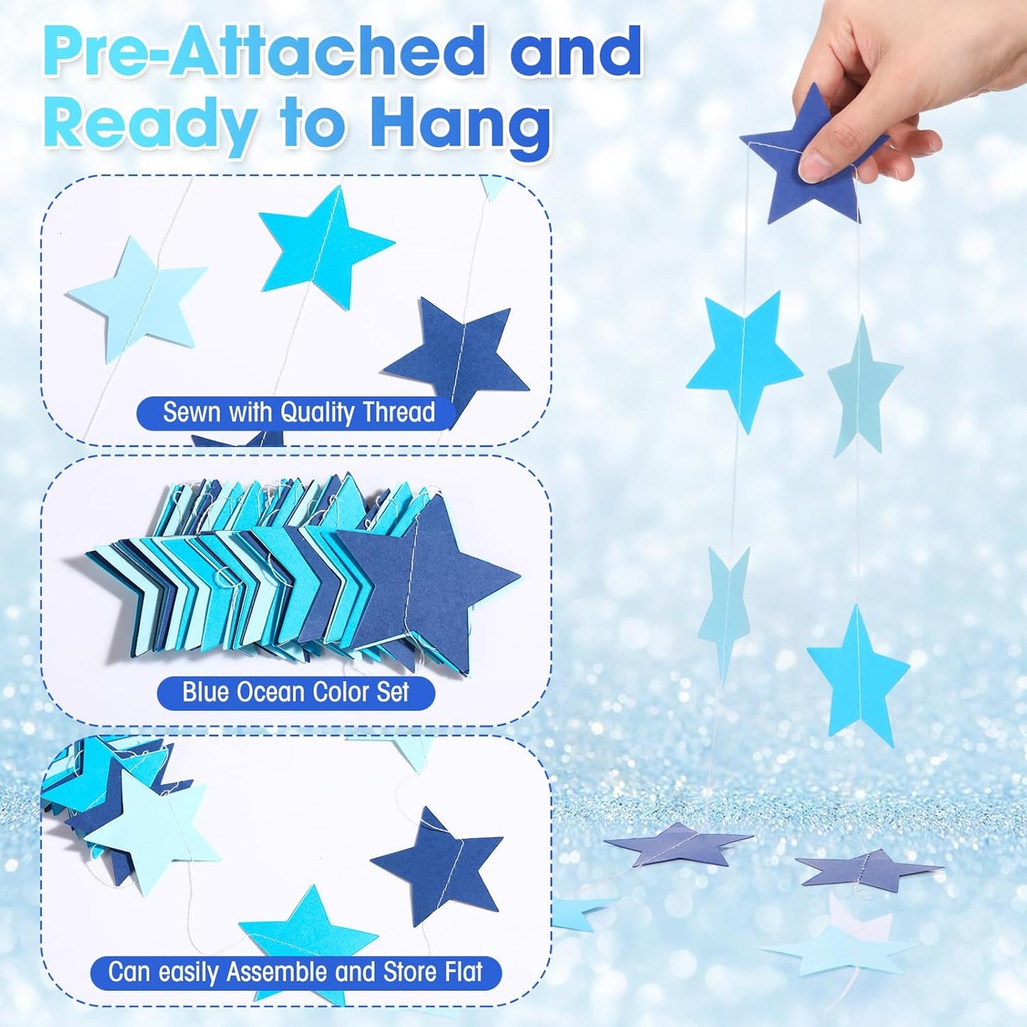 Patelai Glitter Star Garland Banner Decor 130 Feet Star Hanging Bunting Banner Twinkle Backdrop for Homecoming Classroom Wedding Birthday Halloween Christmas Party Supplies(Ocean Blue)