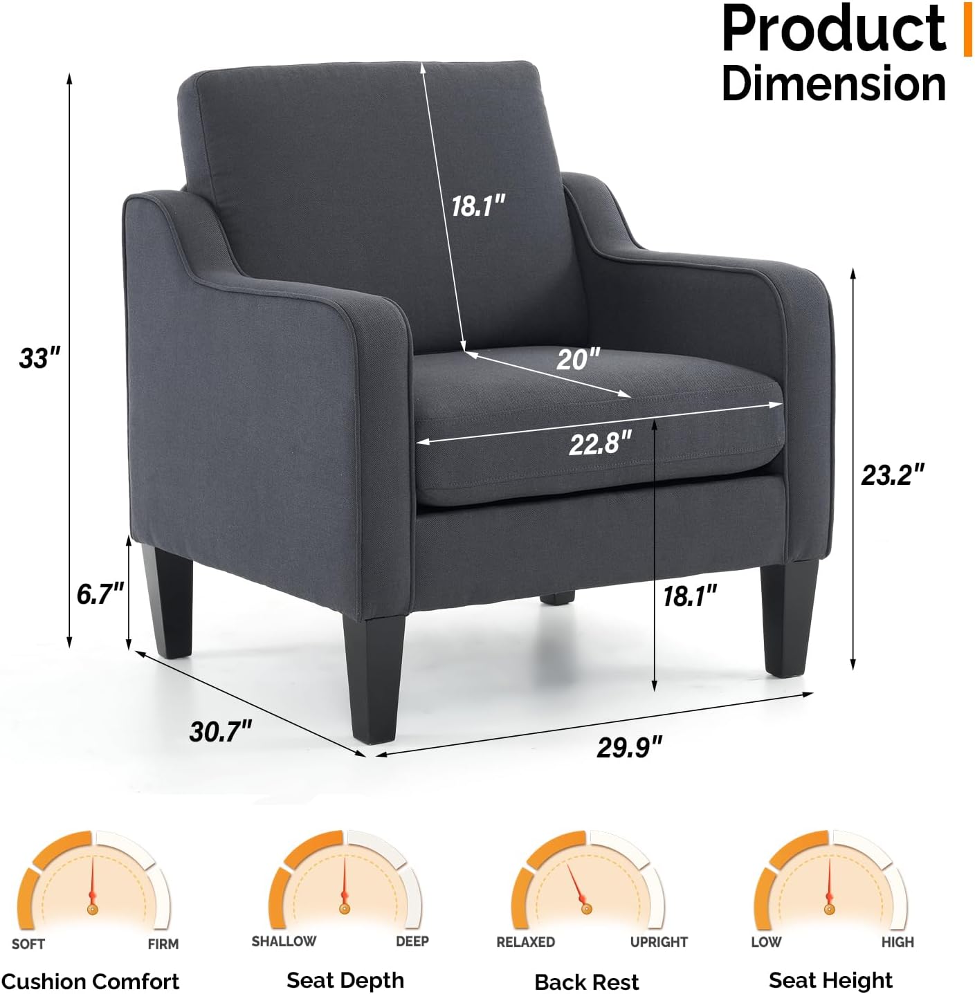 VINGLI Accent Chairs for Living Room Chairs Mid Century Modern Chair Sofa Chair Upholstered Arm Chair with Scooped Arms for Bedroom, Apartment, Office, Studio, Waiting Room, Play Room
