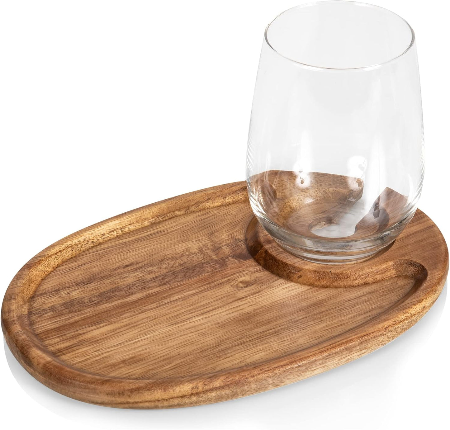 PICNIC TIME TOSCANA -Wine Appetizer Plates, Cocktail Plate with Glass Holder, Cheese Board with Wine Holder, (Acacia Wood), 9 x 6, Set of 4