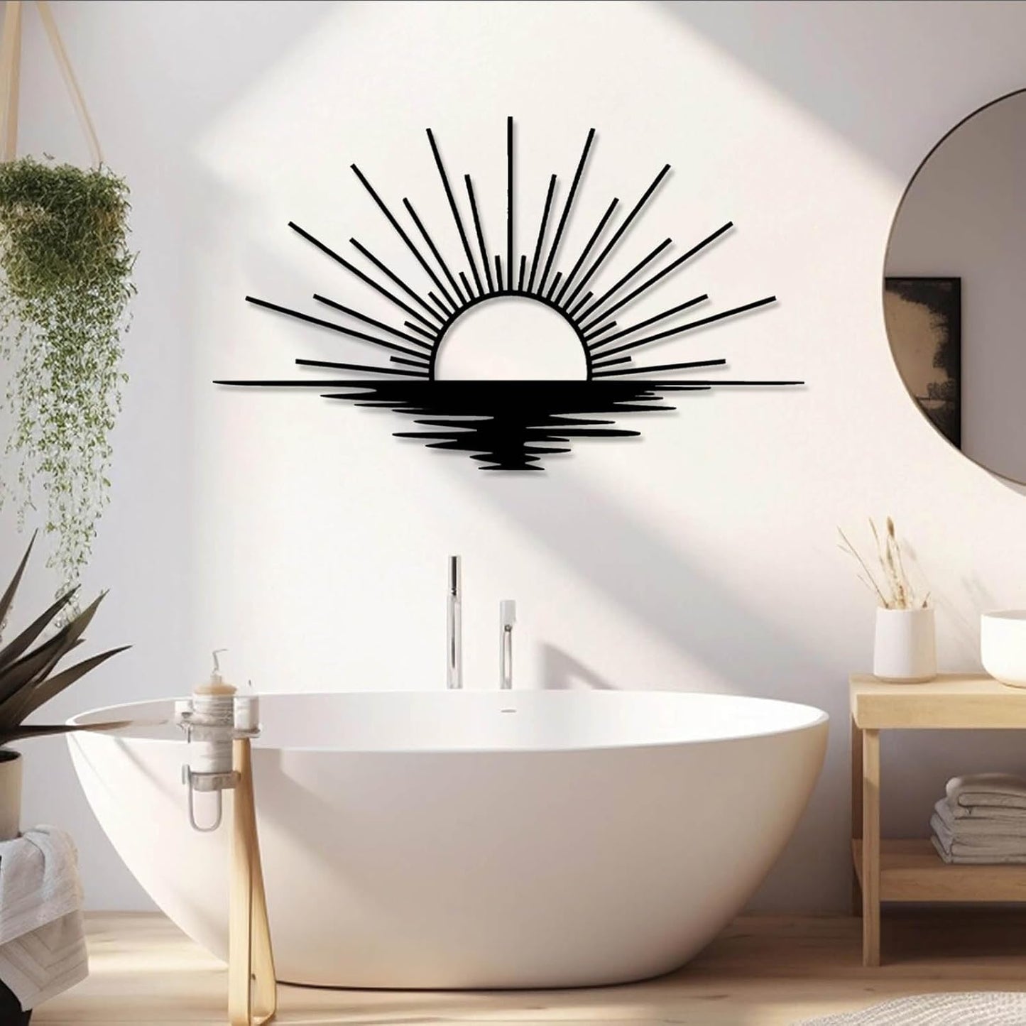 Sunrise Metal Wall Art, Metal Sun Wall Decor, Sun Outdoor Wall Art, Abstract Sunrise Wall Decor, Boho Home Hanging, Living Room Wall Hanging (White, 48"x29"/121x72cm)