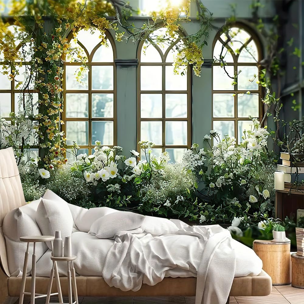 FENDROM Window View White Flower Tapestry Nature Landscape Classic Flower Vine Wall Hanging Party Decorations For Bedroom Living Room Dorm