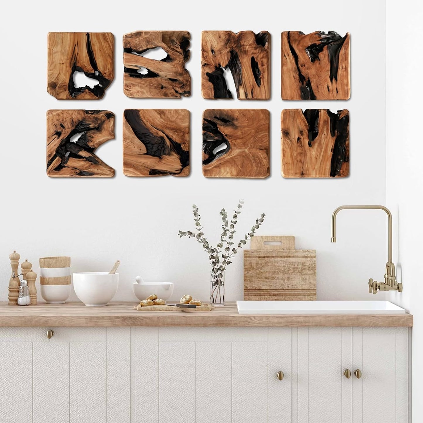 WELLAND 4 Pieces of Handmade Wall Sculptures, Rustic Abstract Wall Décor for Living Room, Bedroom, Bathroom, Dining Room, Home Office,