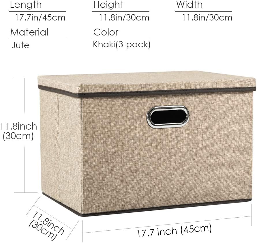 PRANDOM Large Collapsible Storage Bins with Lids [3-Pack] Jute Fabric Foldable Storage Boxes Organizer Containers Baskets Cube with Cover for Home Bedroom Closet Office Nursery (17.7x11.8x11.8)