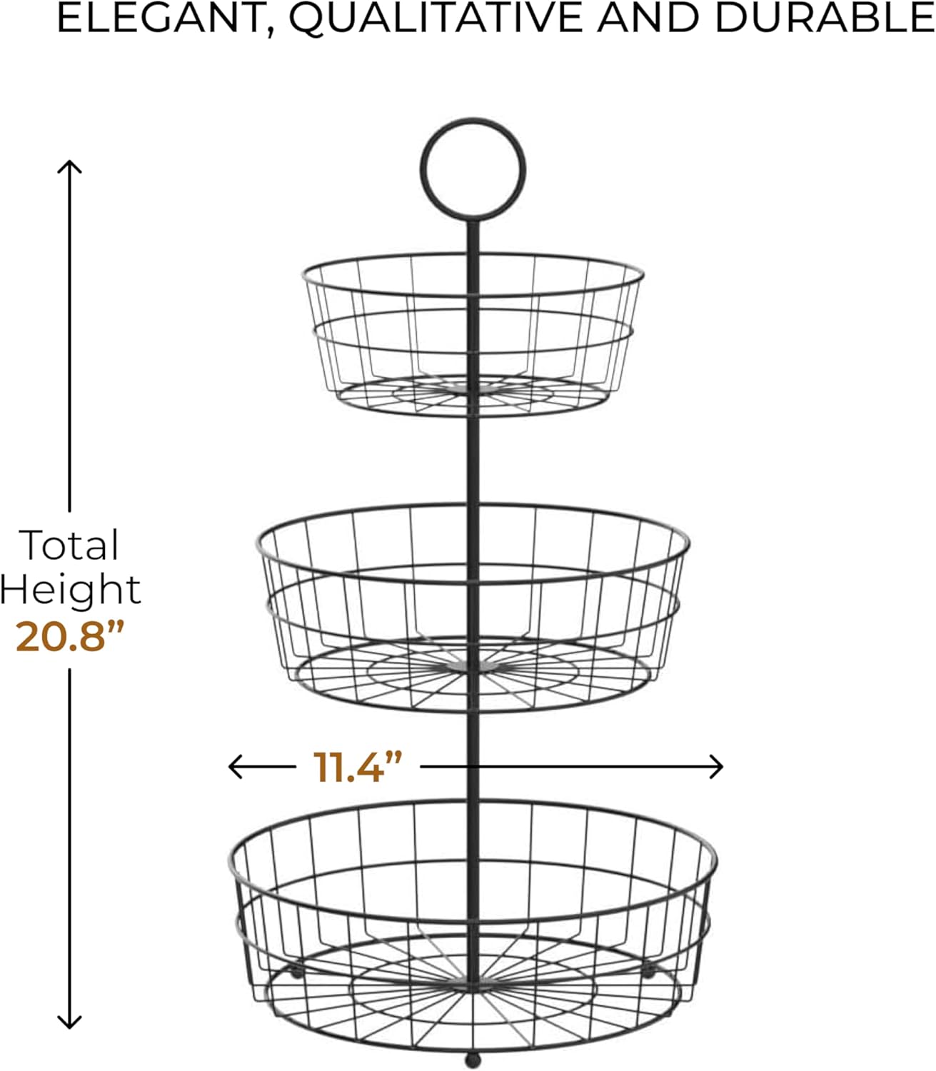 REGAL TRUNK & CO. 3 Tier Fruit Basket, Elegant French Country Wire Baskets, Three Tiered Wire Basket Stand for Vegetables, Bread & More for Countertop or Hanging, Christmas or Birthday Present