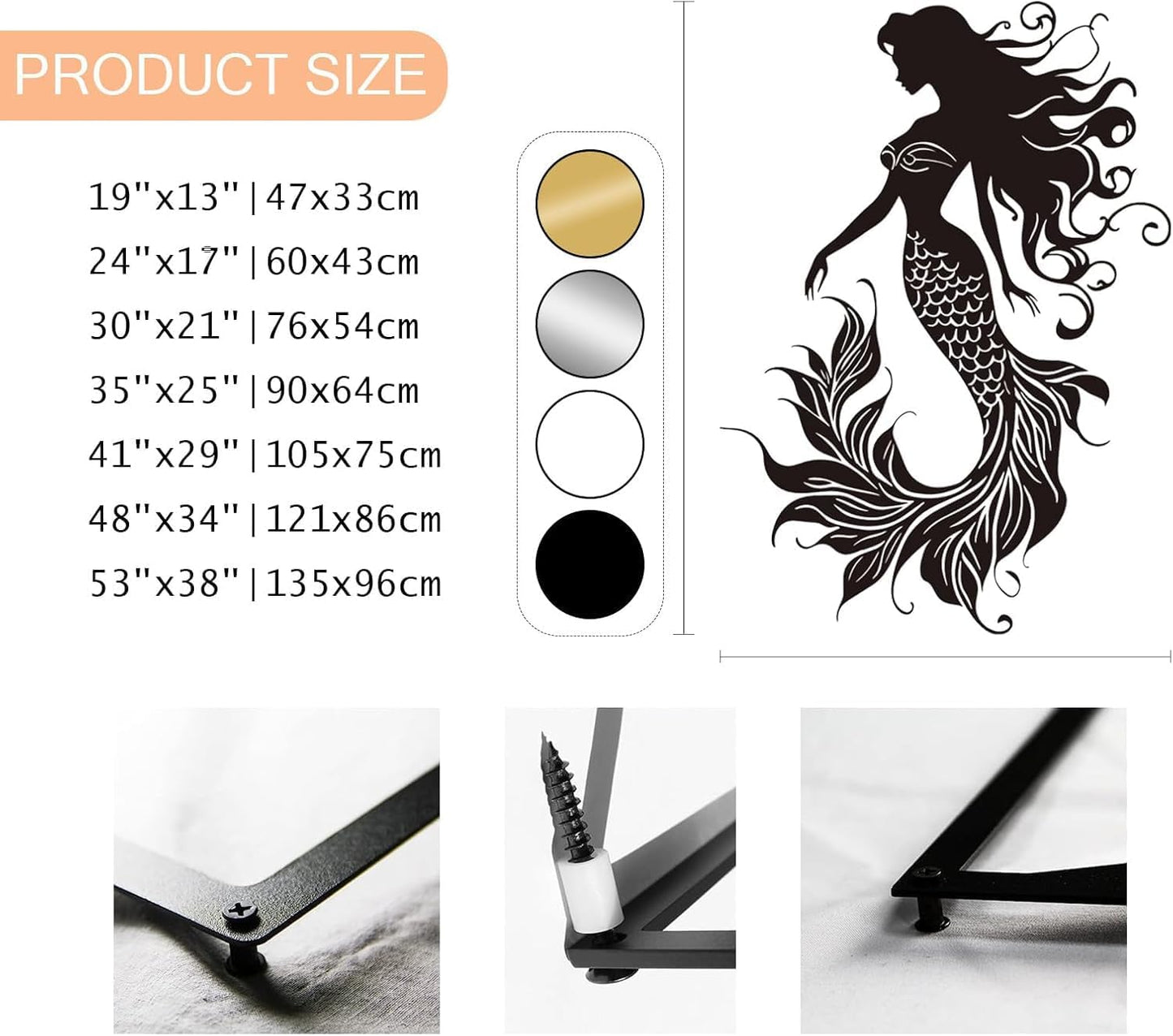 Veplsur Mermaid Metal Wall Art, Metal Mermaid Wall Decor, Marine Biology Wall Decor, Ocean Wall Art, Nautical Wall Hanging, Beach Hanging for Bathroom Bedroom (Black, 35"x25"|90x64cm)