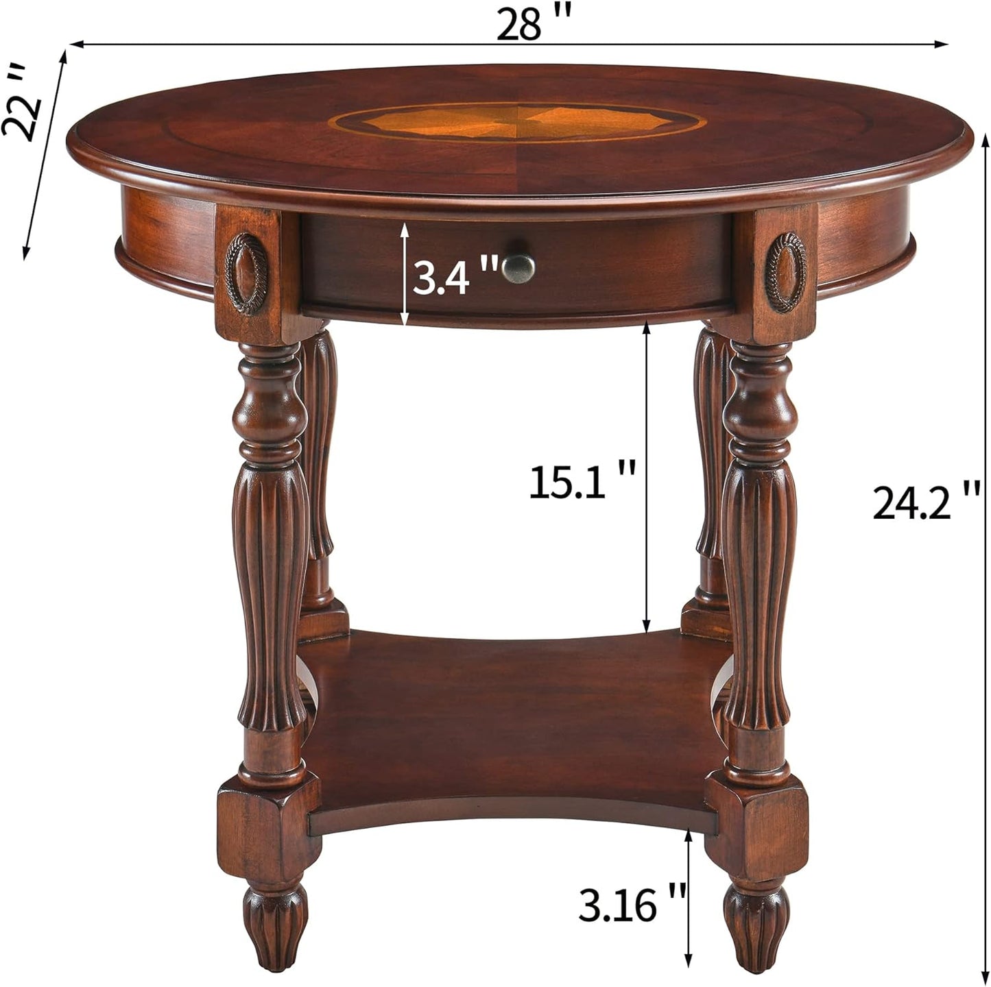 MODERION Solid Wood End Table with Drawer, Oval Sofa Side Table, Storage Shelf, Living Room Corner Table, Nightstand, 24”H Cherry Walnut CJZ1533WD-DR