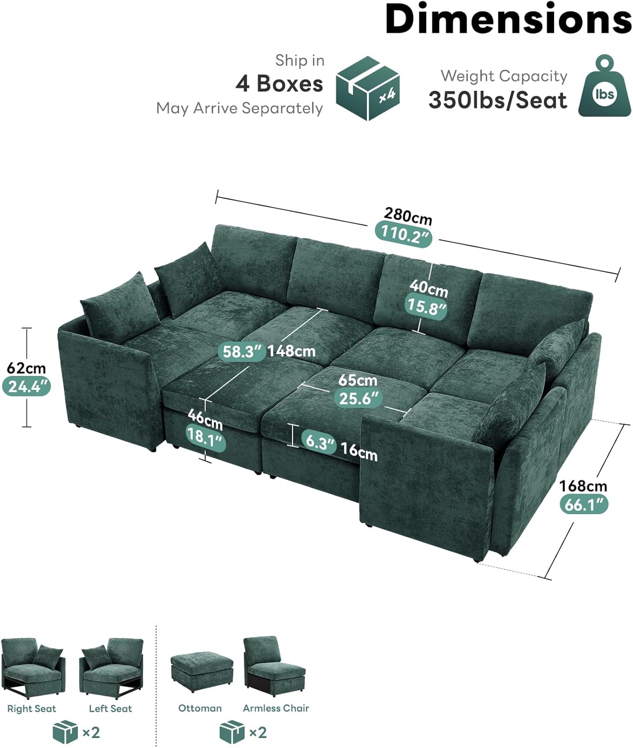 Tbfit U Shaped Couch 8 Seat, Sectional Sofa for Living Room,Chenille Cloud Couch with Ottoman, Green