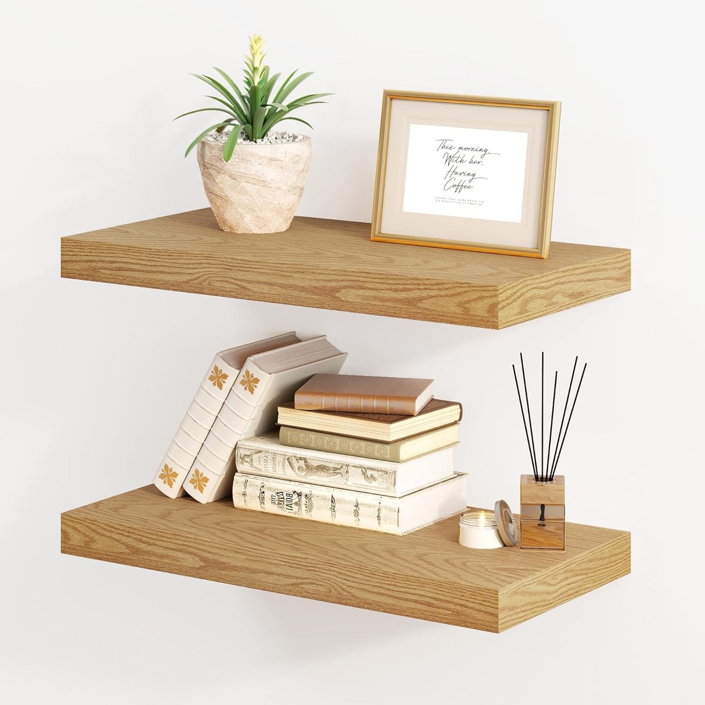 Fun Memories Floating Shelves for Wall, 8 Inch Deep Floating Wall Shelf, 16" x 8" Floating Shelves - Set of 2, Rustic Wooden Storage Shelves for Bathroom, Living Room, Kitchen